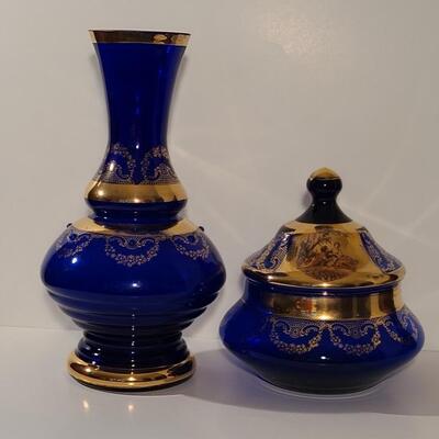Lot 131: Antique Glass Cobalt Blue & Gold Vase and Candy Dish