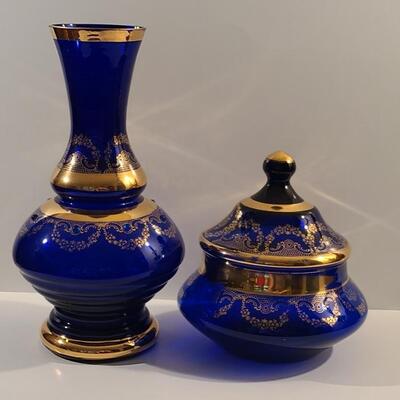 Lot 131: Antique Glass Cobalt Blue & Gold Vase and Candy Dish