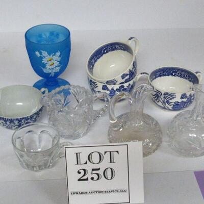 Misc Stuff, Blue Willow Cups, Phoenix Bird Cup, Westmoreland Vase, 2 Cruets, No Stoppers, more