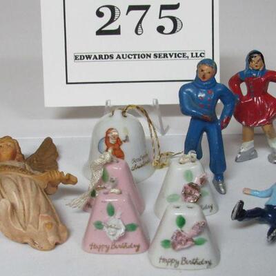 Vintage Christmas Japan Cermaic Bells, Lead Skaters, Hong Kong Plastic Angel