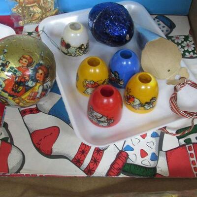 Lot of Misc Christmas Vintage Wrapping Paper, Ball Candy Container, Light Covers, Candy Box and More 
