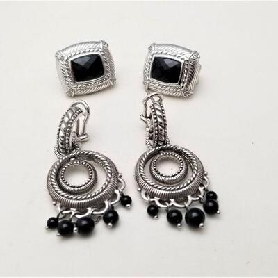 Lot #123  Two Pair of Pierced Earrings - Judith Ripka Sterling with Onyx & Sterling double hoops