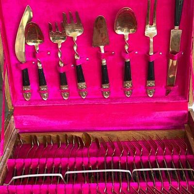 Lot 157  Brass & Wood Flatware Thailand Sandalwood Case Service for 12