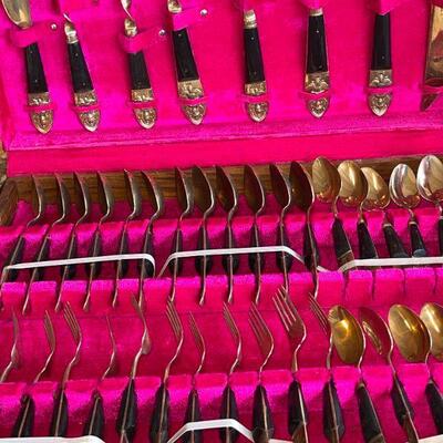 Lot 157  Brass & Wood Flatware Thailand Sandalwood Case Service for 12