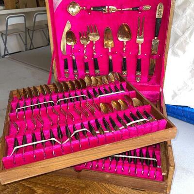 Lot 157  Brass & Wood Flatware Thailand Sandalwood Case Service for 12
