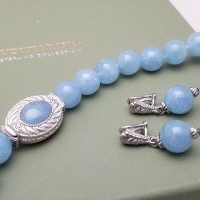 Lot #128  Judith Ripka Sterling  18" Milky Aqua Bead Necklace & matching clip earrings
