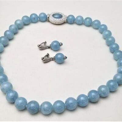 Lot #128  Judith Ripka Sterling  18" Milky Aqua Bead Necklace & matching clip earrings