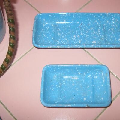 Lot 158 Blue Enamel Small Pail & Rectangle Dishes for Soap?  Doll House? 4 pcs