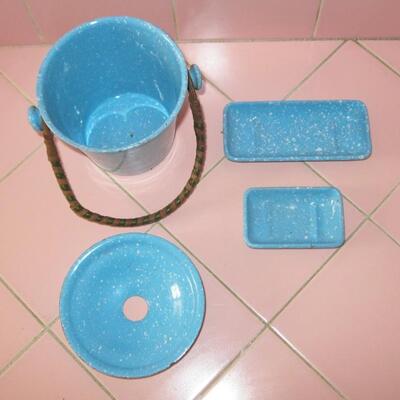 Lot 158 Blue Enamel Small Pail & Rectangle Dishes for Soap?  Doll House? 4 pcs