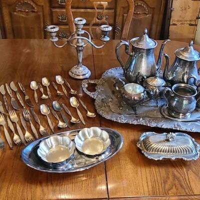 Lot 185: Silver Plate Reed & Barton Tea Service and More