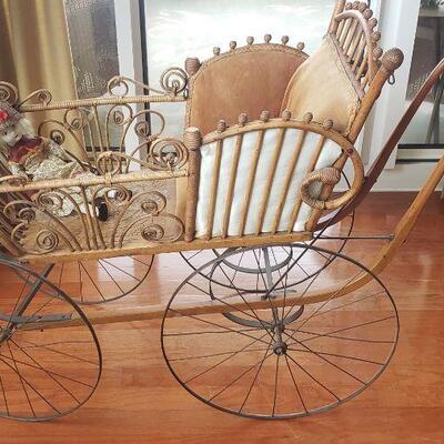 Antique Victorian Baby Buggy Stroller Carriage Pram Wood Metal Wheels Stick Ball