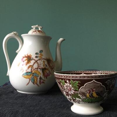 Antique French Porcelain Teapot and Rice Bowl