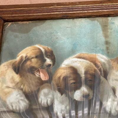 Vintage Chromo Lithograph of Puppies with Oak Frame 17.5â€ x 25â€