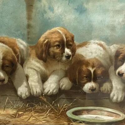 Vintage Chromo Lithograph of Puppies with Oak Frame 17.5â€ x 25â€