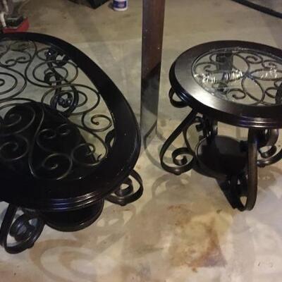Matching Metal and Glass Coffee Table and Side Table Set