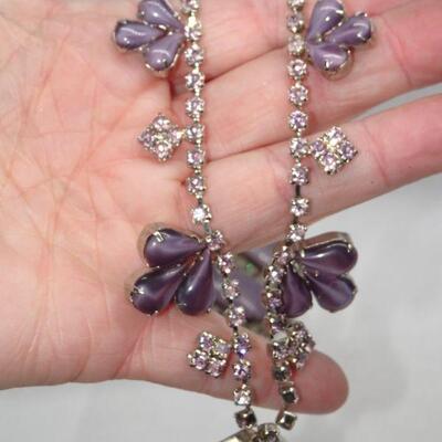 Beautiful Lavender Opalescent Colored Accent Beads, Rhinestone Pink & White Necklace & Clip Earrings Set - Reserve 