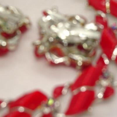 Red Thermoplastic & Aurora Borealis Rhinestone Necklace & Earring Set - Reserve 