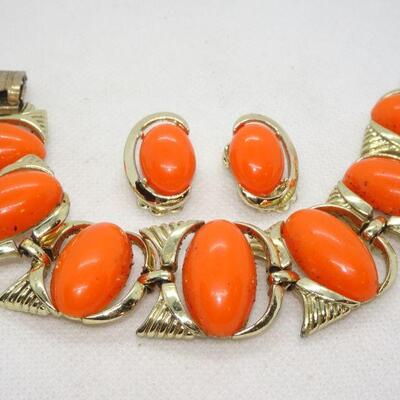 Halloween Orange Thermoplastic Gold Tone Bracelet & Clip Earring Set - Reserve 