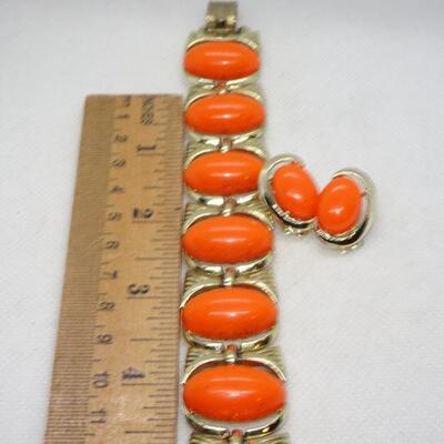 Halloween Orange Thermoplastic Gold Tone Bracelet & Clip Earring Set - Reserve 