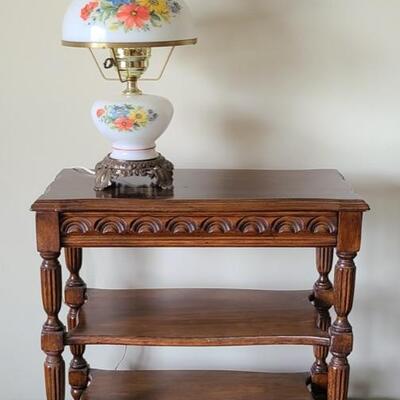 Lot 155: Carved Wood Accent Table/Plant Stand and Hurricane Lamp