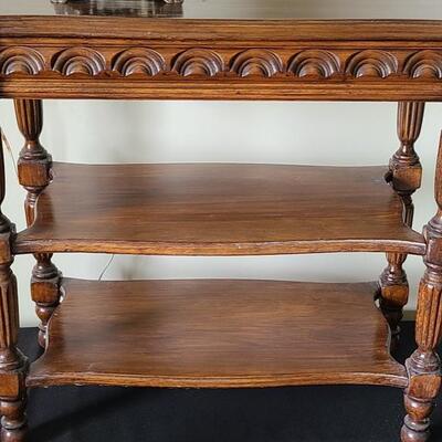 Lot 155: Carved Wood Accent Table/Plant Stand and Hurricane Lamp
