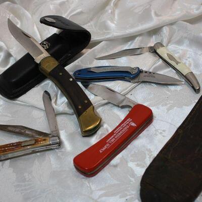 Pocket knives, sheath. Buck, Kershaw, Atlas, personalized Marble sheath.