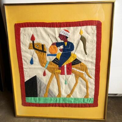 Lot 164 Fabric Camel & Rider Picture Framed Under Glass Pyramid Egypt