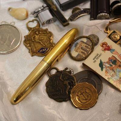 "Junk Drawer" lot - pinbacks, medals, matchsafe, lighters