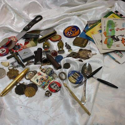 "Junk Drawer" lot - pinbacks, medals, matchsafe, lighters