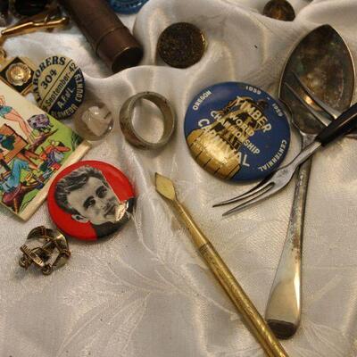 "Junk Drawer" lot - pinbacks, medals, matchsafe, lighters