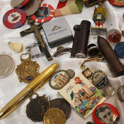 "Junk Drawer" lot - pinbacks, medals, matchsafe, lighters