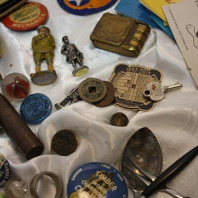"Junk Drawer" lot - pinbacks, medals, matchsafe, lighters