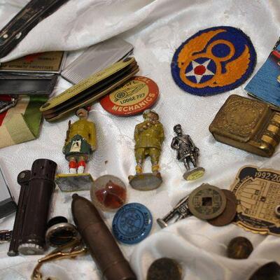 "Junk Drawer" lot - pinbacks, medals, matchsafe, lighters