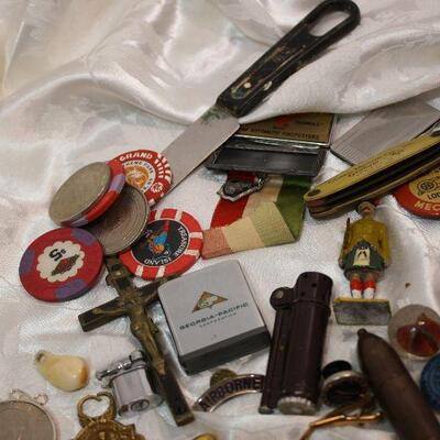"Junk Drawer" lot - pinbacks, medals, matchsafe, lighters