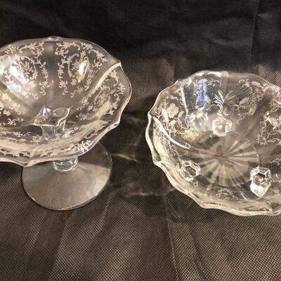 Victorian style etched glass candy dishes