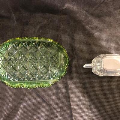 Depression Glass creamer and dish