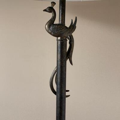 Tall Brushed Metal Floor Lamp With Peacock Embellishment 
