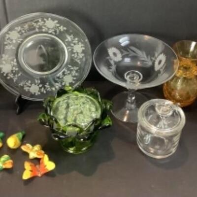 2224 Etched Glass Rose Pattern Bowl and Plate Daisy Pattern Compote Amber Glass Vase Green Glass Flower Frog 