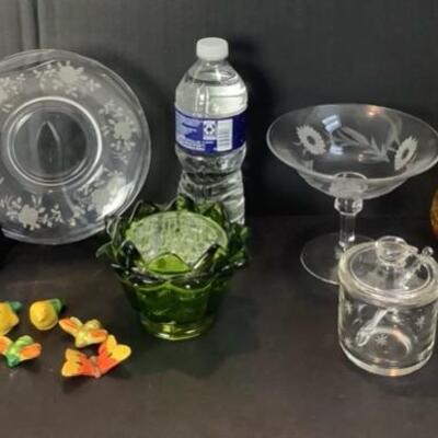 2224 Etched Glass Rose Pattern Bowl and Plate Daisy Pattern Compote Amber Glass Vase Green Glass Flower Frog 