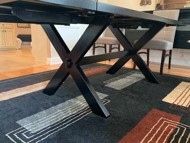 Black Picnic Style Table with 6 Upholstered Chairs and 2 Side Leaves