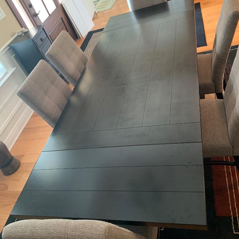 Black Picnic Style Table with 6 Upholstered Chairs and 2 Side Leaves