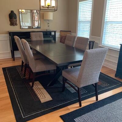 Black Picnic Style Table with 6 Upholstered Chairs and 2 Side Leaves