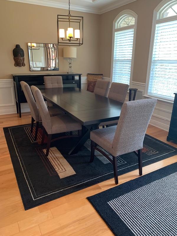Black Picnic Style Table with 6 Upholstered Chairs and 2 Side Leaves