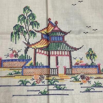 Vintage Asian Inspired Pagoda Embroidered Table Cloth & Linen Napkin Set
