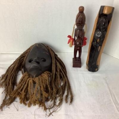 2236 Vintage African Rope Mask and Two Carved Wood Figurines