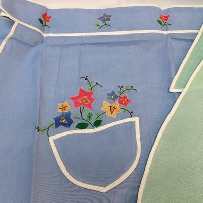 Vintage Flower Embroidered Half Aprons Unused Blue & Green