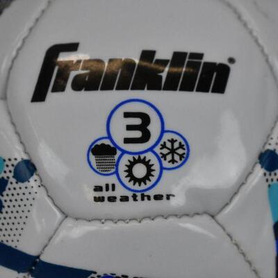 Franklin Sports All Weather Size 3 Soccer Ball - Blue. Has hole/needs repair