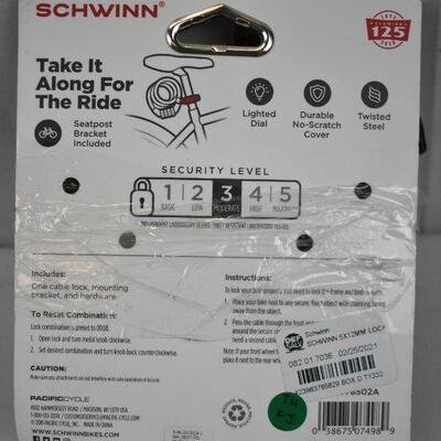 Schwinn Steel Cable Combo Lock 5' x 12mm. Open Package