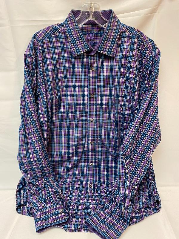 Purple & Teal Plaid Bugatchi Mens Button Front Long Sleeve Shirt XL ...