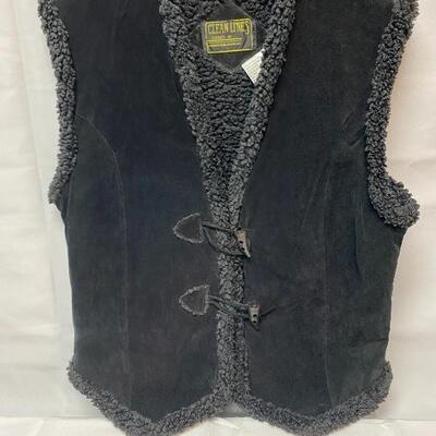 Black Suede Leather Vest by Clean Lines Faux Fleece Lined Size Large
